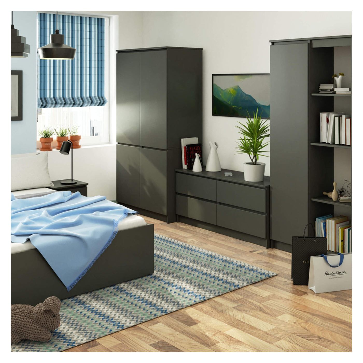 4-крилен гардероб с рафтове и лост за закачалки, 90x51x180 см, елегантен дизайн, графитено сиво - 4