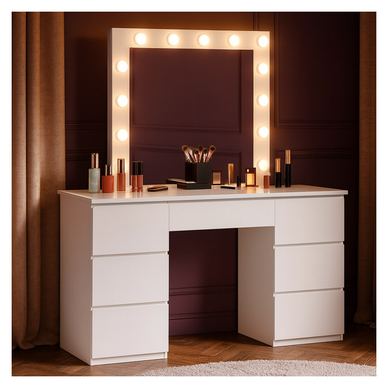 Masa toaleta machiaj cu oglinda led si 7 sertare mdf, 132x43x152 cm, design modern, alb