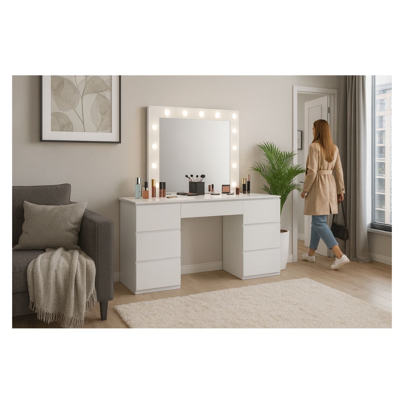 Тоалетка за грим с LED огледало и 7 чекмеджета MDF, 132x43x152 см, модерен дизайн, бяла - 2