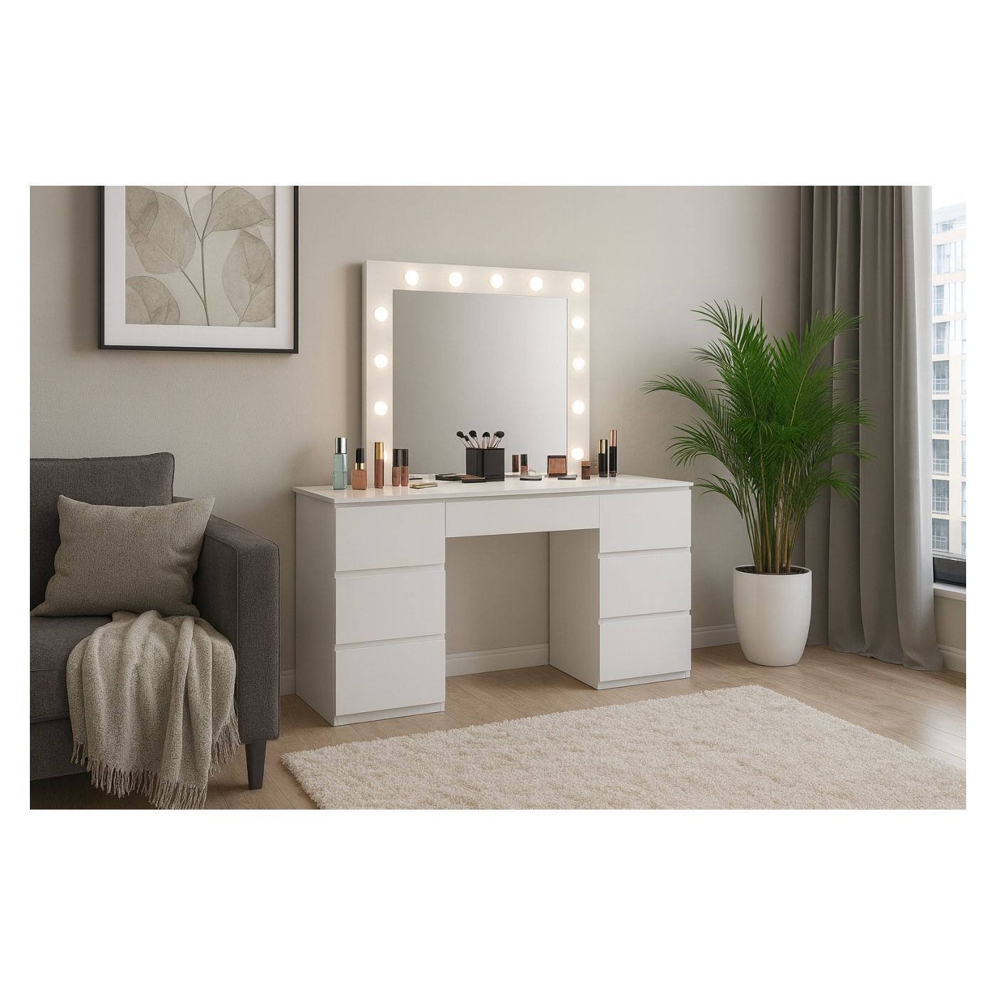 Тоалетка за грим с LED огледало и 7 чекмеджета MDF, 132x43x152 см, модерен дизайн, бяла - 4