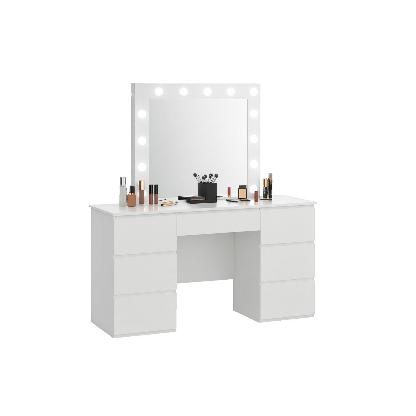Тоалетка за грим с LED огледало и 7 чекмеджета MDF, 132x43x152 см, модерен дизайн, бяла - 5