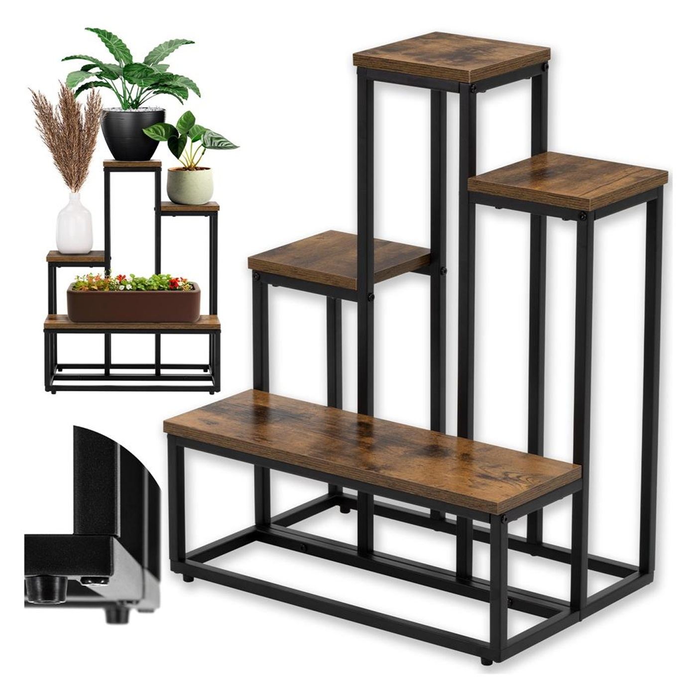 Индустриален стил метална и МДФ етажерка, 4 рафта, 51x34x67 см, Компактен дизайн, Черен кафяв - 2