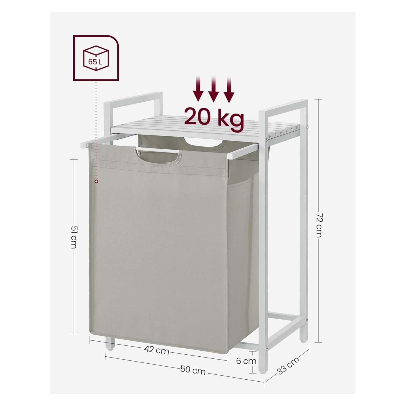 Кош за пране, Подвижна торба за пране, Рафт, Метална рамка, 65L, 50x33x72 см, Бял - 6