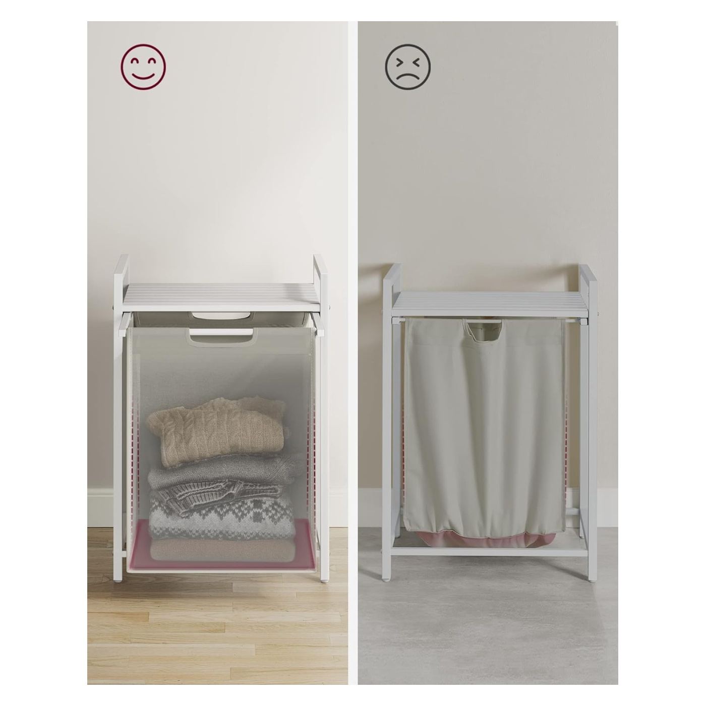 Кош за пране, Подвижна торба за пране, Рафт, Метална рамка, 65L, 50x33x72 см, Бял - 7