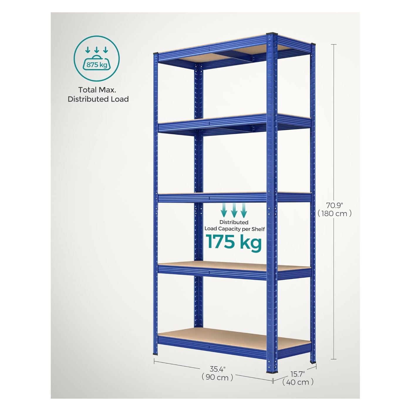 Метална етажерка с 5 MDF рафта, макс. 875 кг, 180x90x40 см, здрава, синя - 2