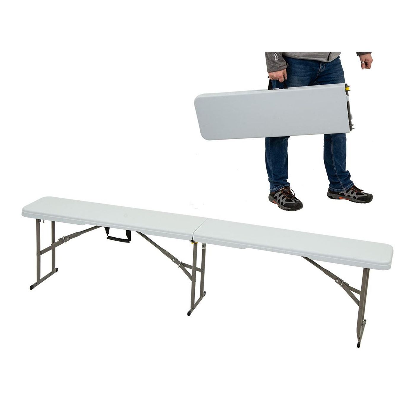 Сгъваема пейка HDPE стоманена рамка дръжка за транспорт компактна, 183x28x43 см, макс. 200 кг, бяла - 3