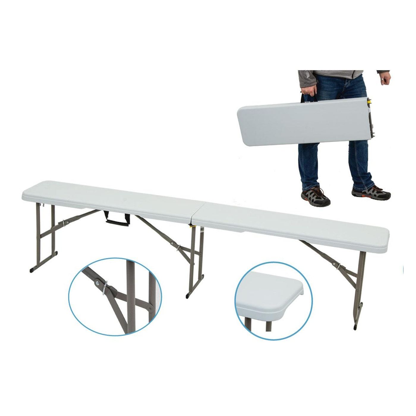 Сгъваема пейка HDPE стоманена рамка дръжка за транспорт компактна, 183x28x43 см, макс. 200 кг, бяла - 7