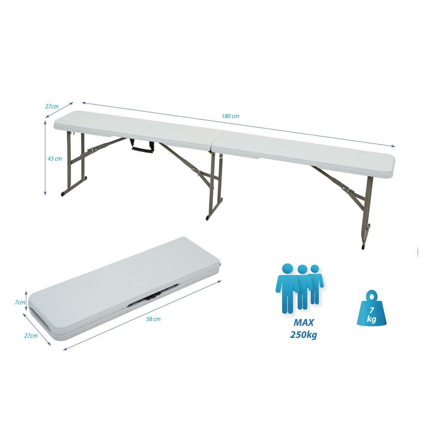 Сгъваема пейка HDPE стоманена рамка дръжка за транспорт компактна, 183x28x43 см, макс. 200 кг, бяла - 9