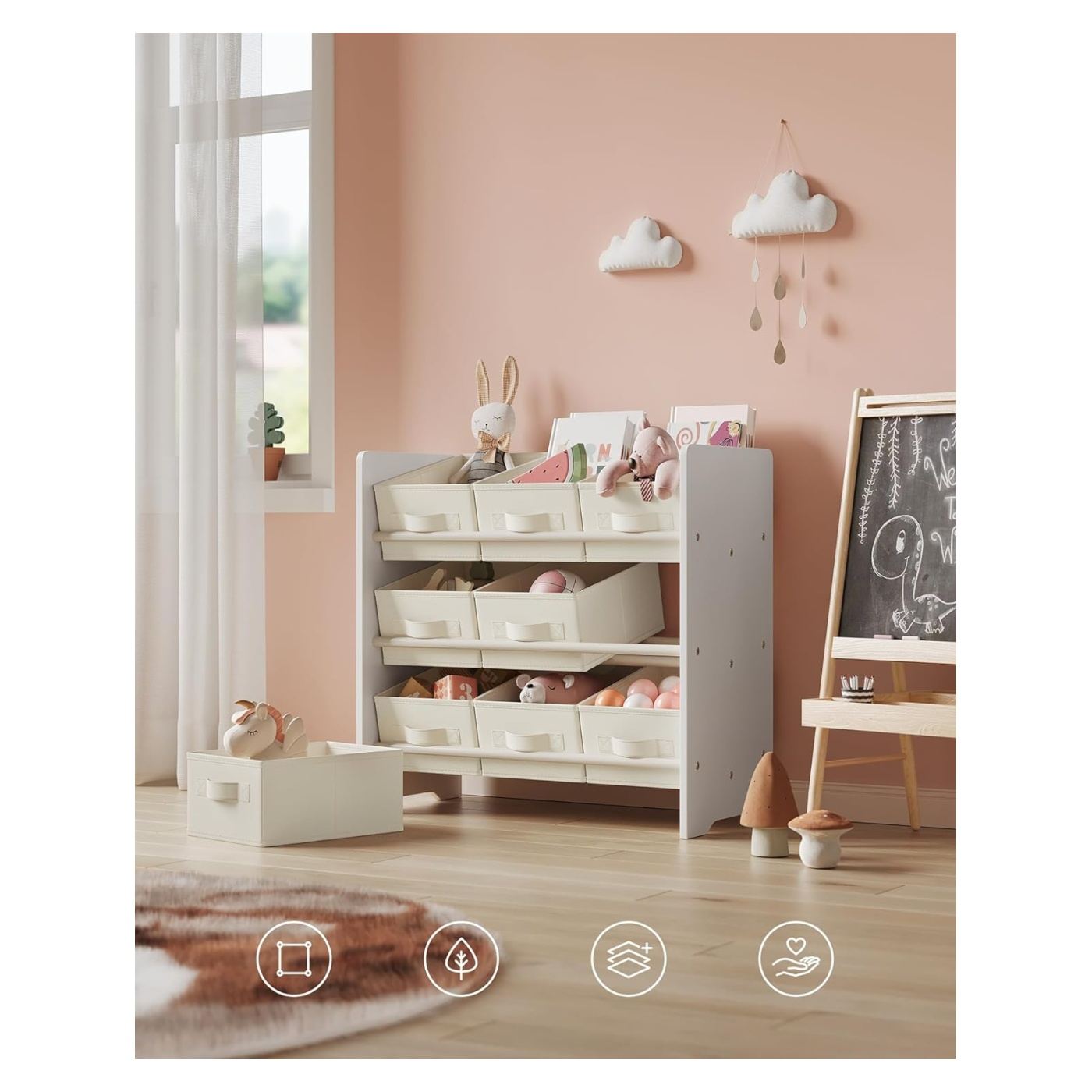 Рафт за играчки и книги с 9 подвижни текстилни кутии, MDF, Деца, 63x30x60 см, Безопасен дизайн, Бял - 5