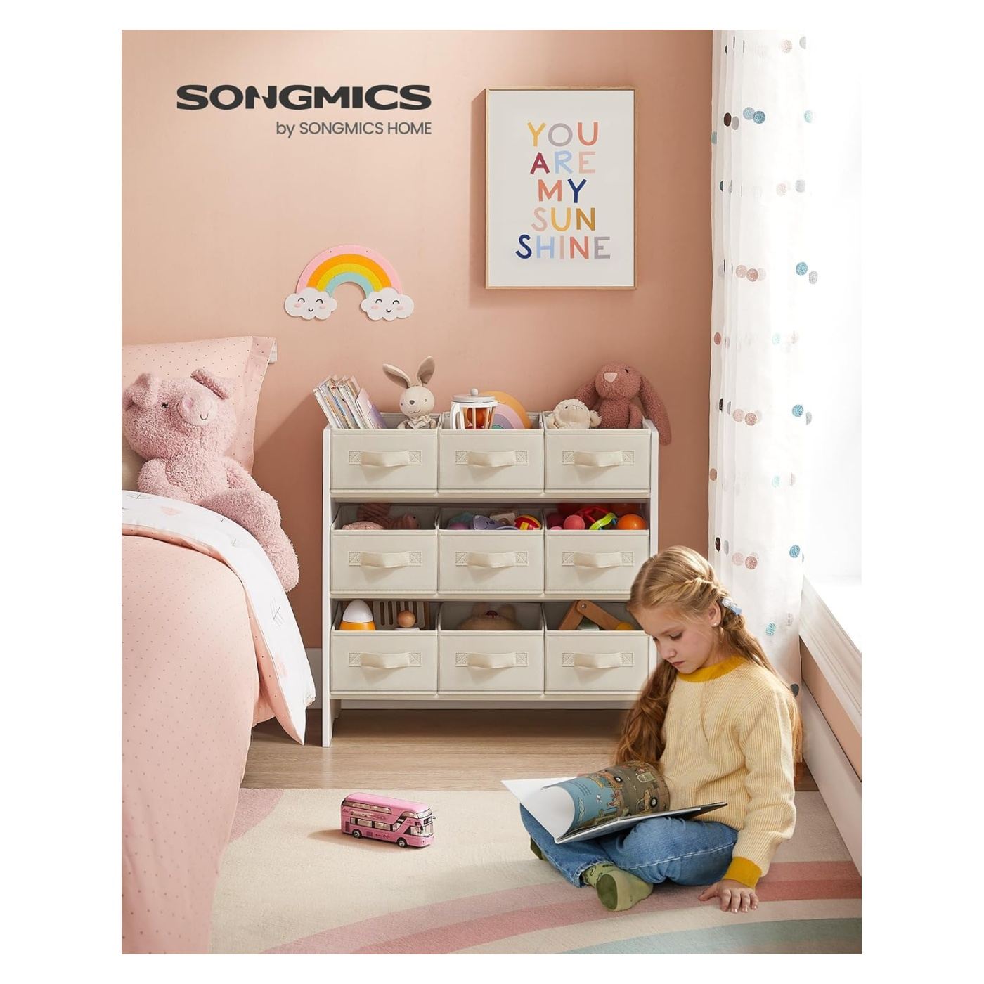 Рафт за играчки и книги с 9 подвижни текстилни кутии, MDF, Деца, 63x30x60 см, Безопасен дизайн, Бял - 6