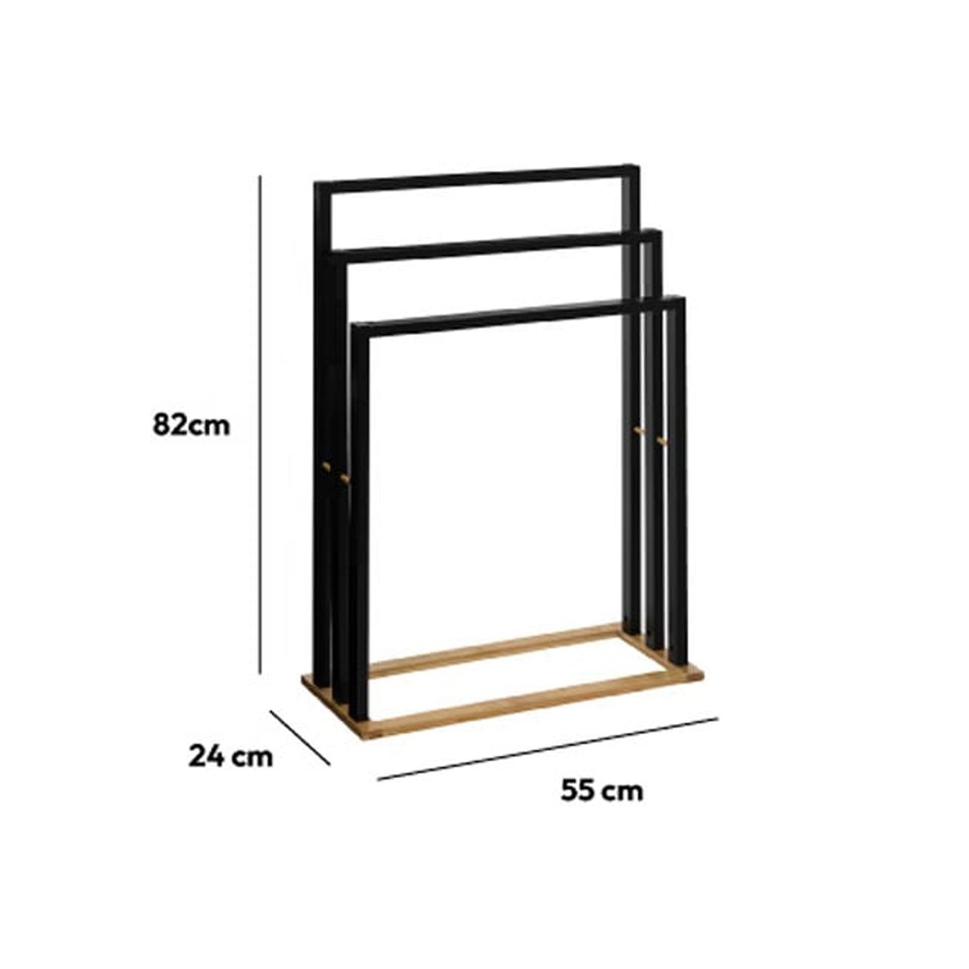 MDF и бамбукова стойка за кърпи с 3 рамена, 55x24x82 см, минималистичен дизайн, черна - 2