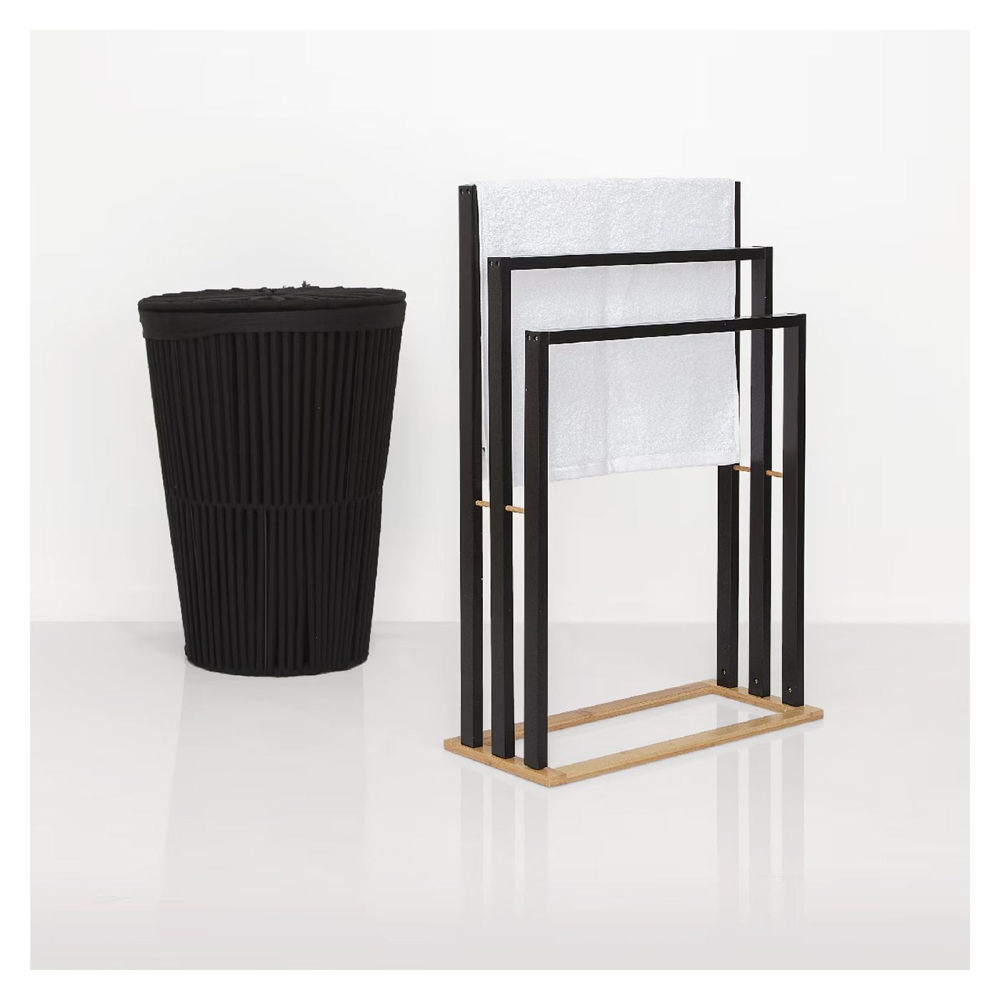 MDF и бамбукова стойка за кърпи с 3 рамена, 55x24x82 см, минималистичен дизайн, черна - 3