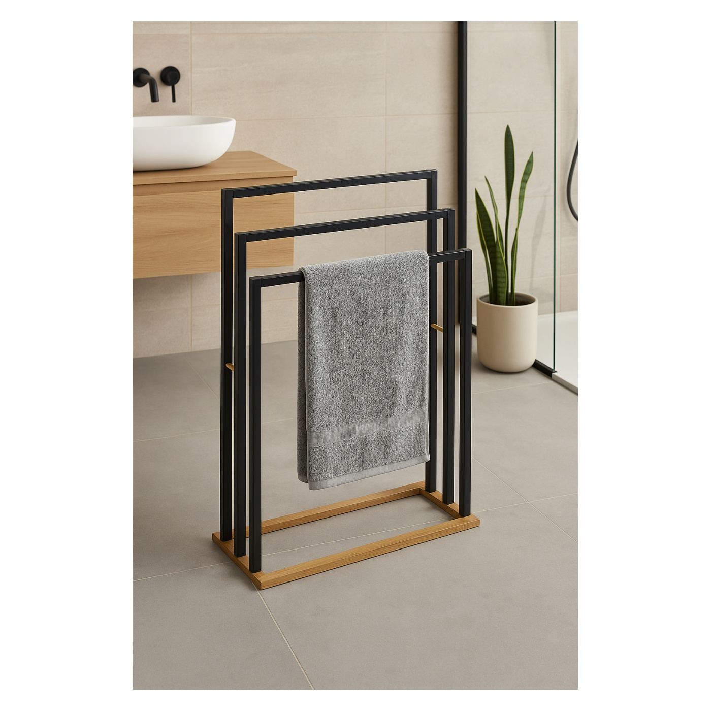 MDF и бамбукова стойка за кърпи с 3 рамена, 55x24x82 см, минималистичен дизайн, черна - 4