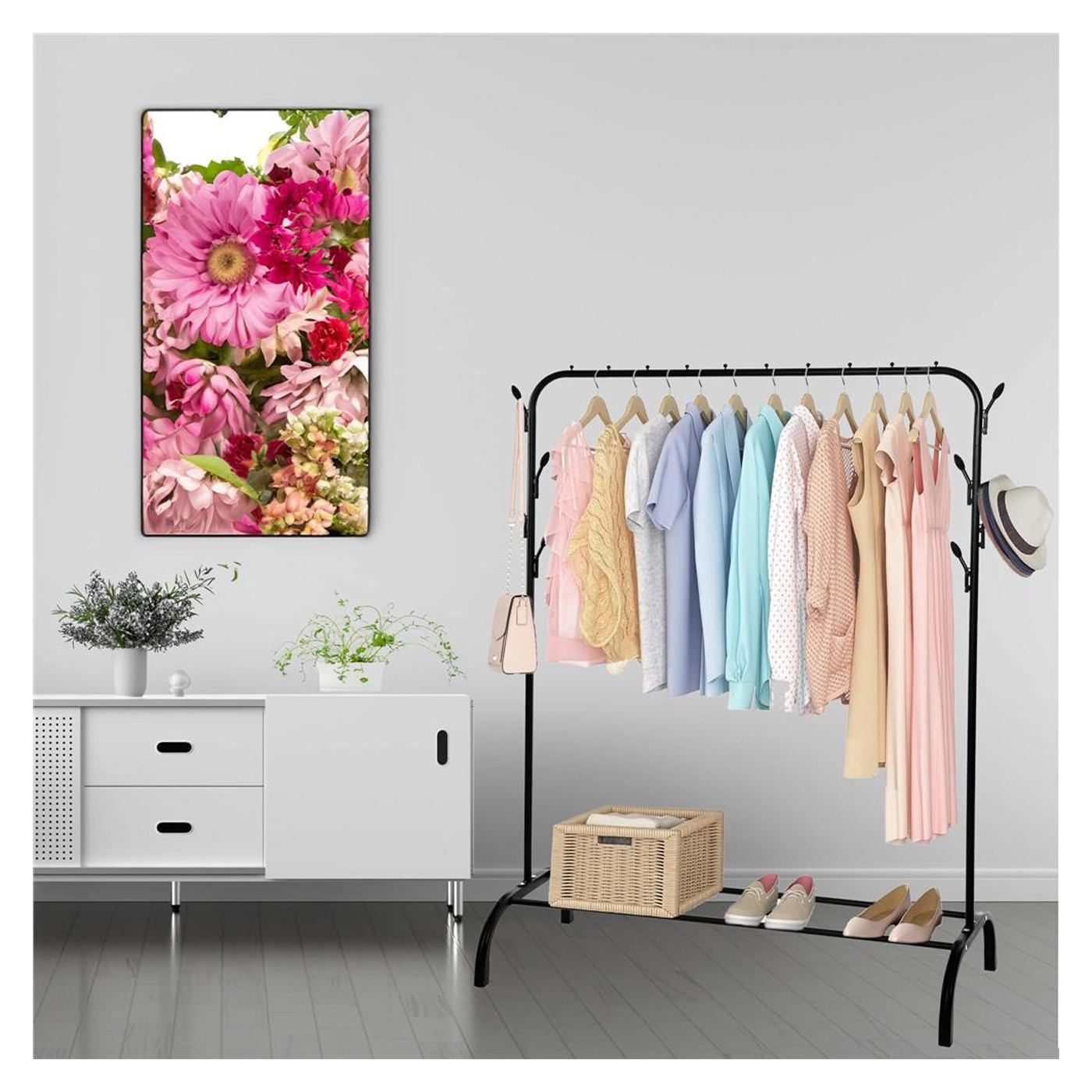 Закачалка за дрехи с метална рамка, релса за закачалки, кукички, 40x110x146 см, за съхранение, черна - 13