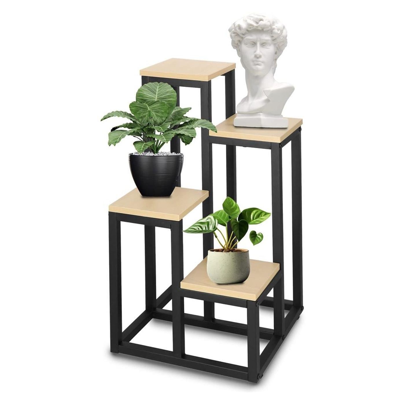 Метална стойка за цветя с 4 рафта, компактна дървена, 34x34x68 см, неплъзгащи се крачета, бежова - 5