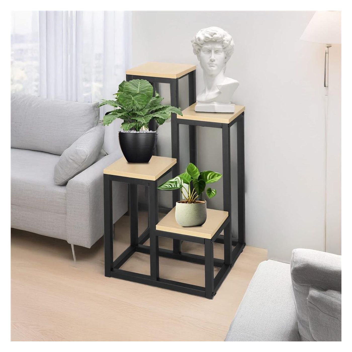 Метална стойка за цветя с 4 рафта, компактна дървена, 34x34x68 см, неплъзгащи се крачета, бежова - 8