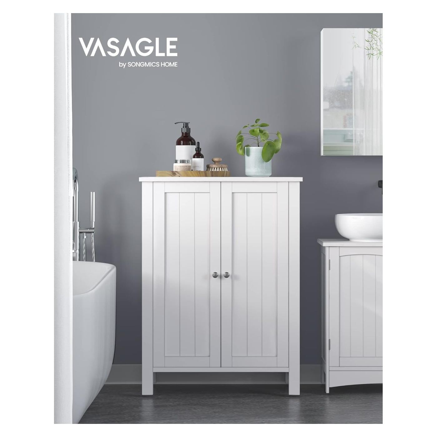 Шкаф за баня с 2 регулируеми рафта MDF, 30x60x80 см, стил Beadboard, бял - 2