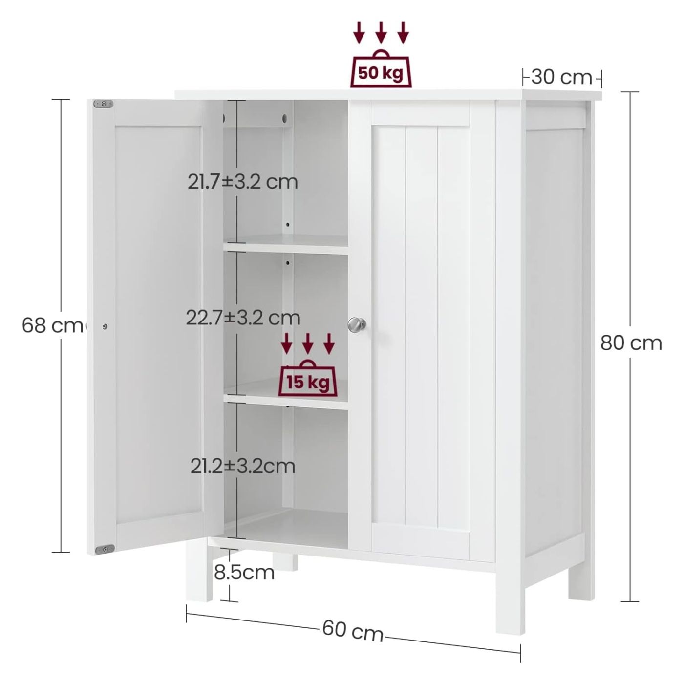 Шкаф за баня с 2 регулируеми рафта MDF, 30x60x80 см, стил Beadboard, бял - 3