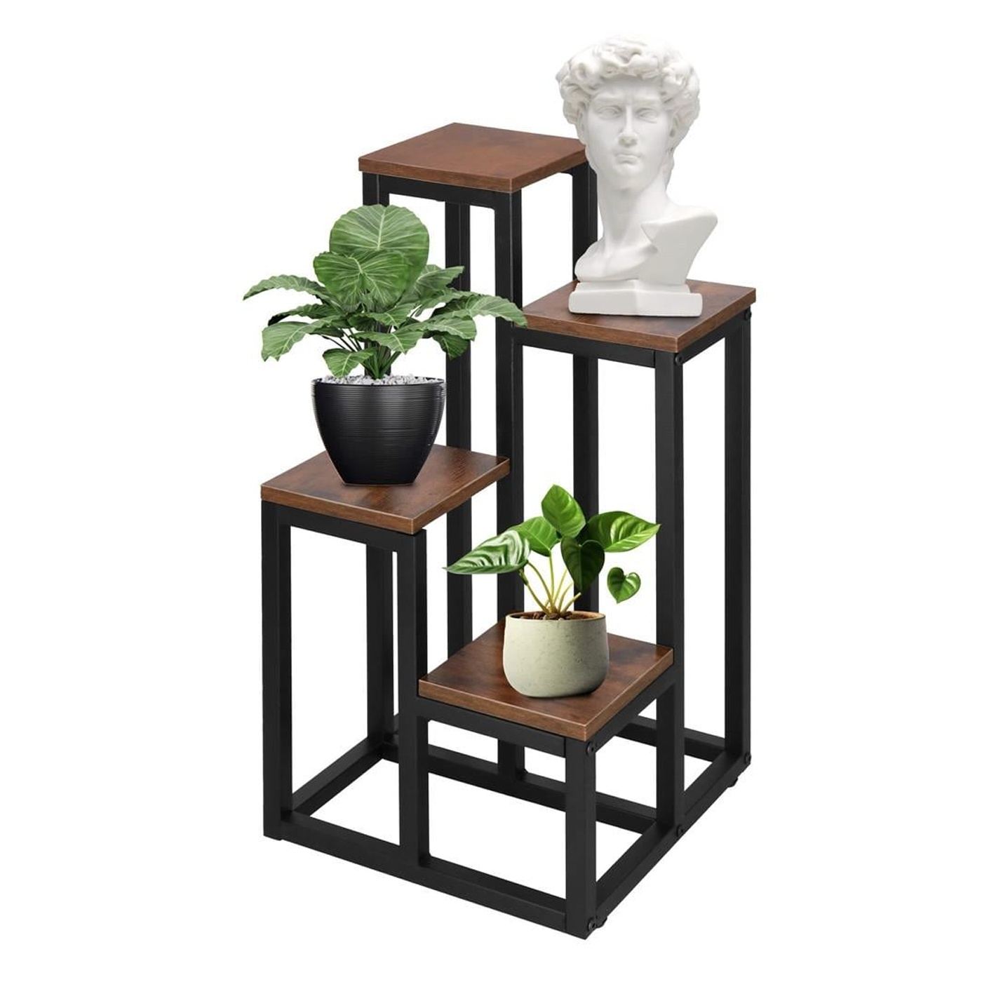 Метална стойка за цветя с 4 рафта, компактна, дървесни рафтове, 34x34x68 см, крачета против плъзгане, кафява - 9