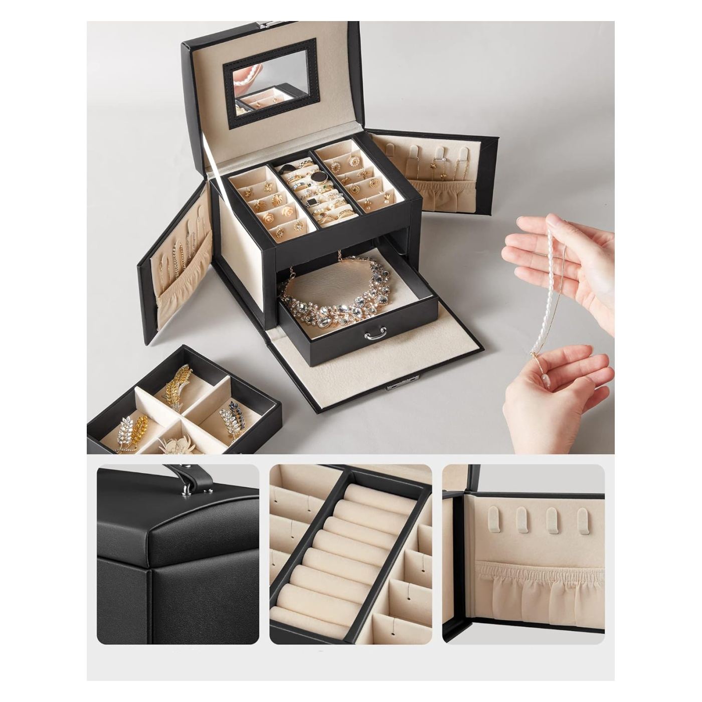 3-етажна кутия за бижута с 2 чекмеджета, огледало и ключалка, 14x18x14см, черна - 8