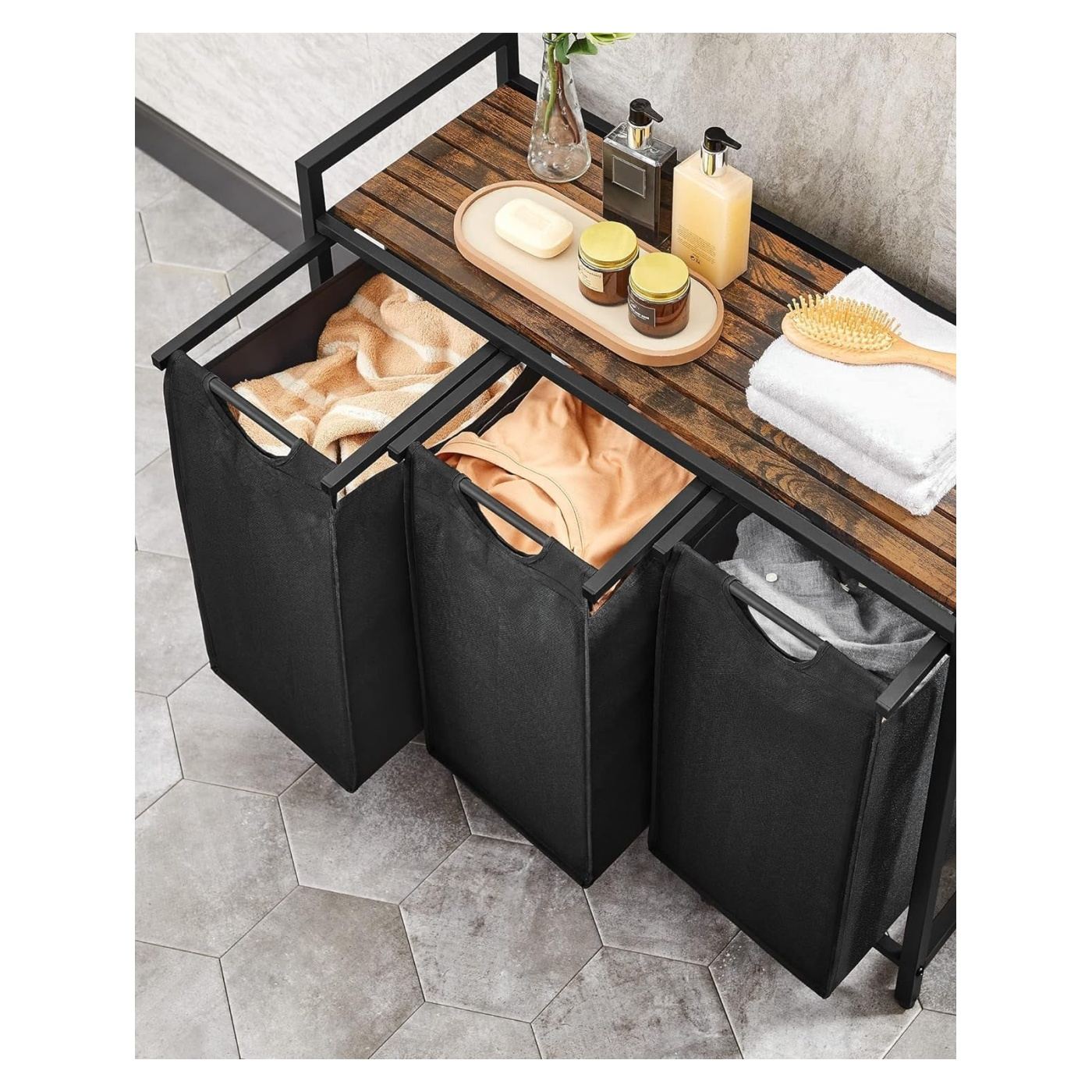 Кош за пране, 3 отделения, Подвижни торби за пране, Рафт, Метална рамка, 3x38L, 93x33x72 см, Рустик кафяво и черно - 3