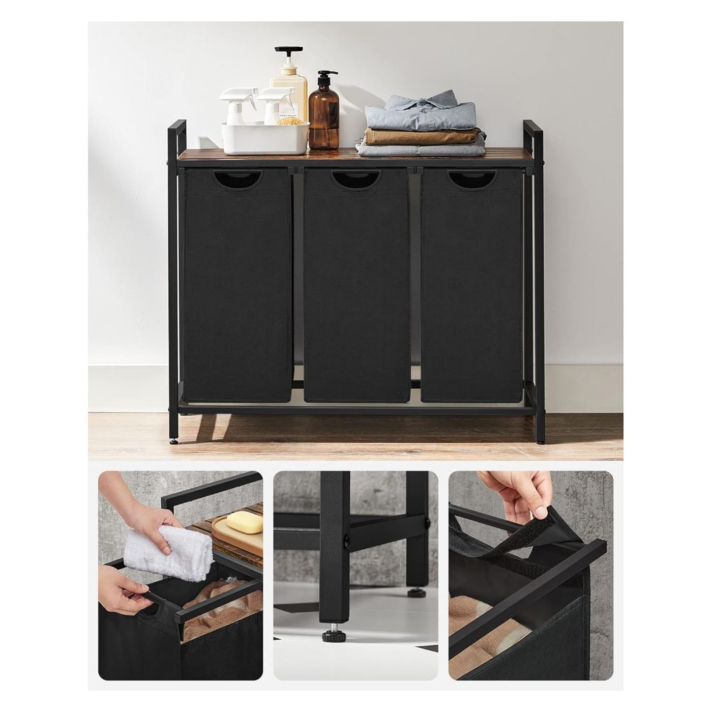 Кош за пране, 3 отделения, Подвижни торби за пране, Рафт, Метална рамка, 3x38L, 93x33x72 см, Рустик кафяво и черно - 6
