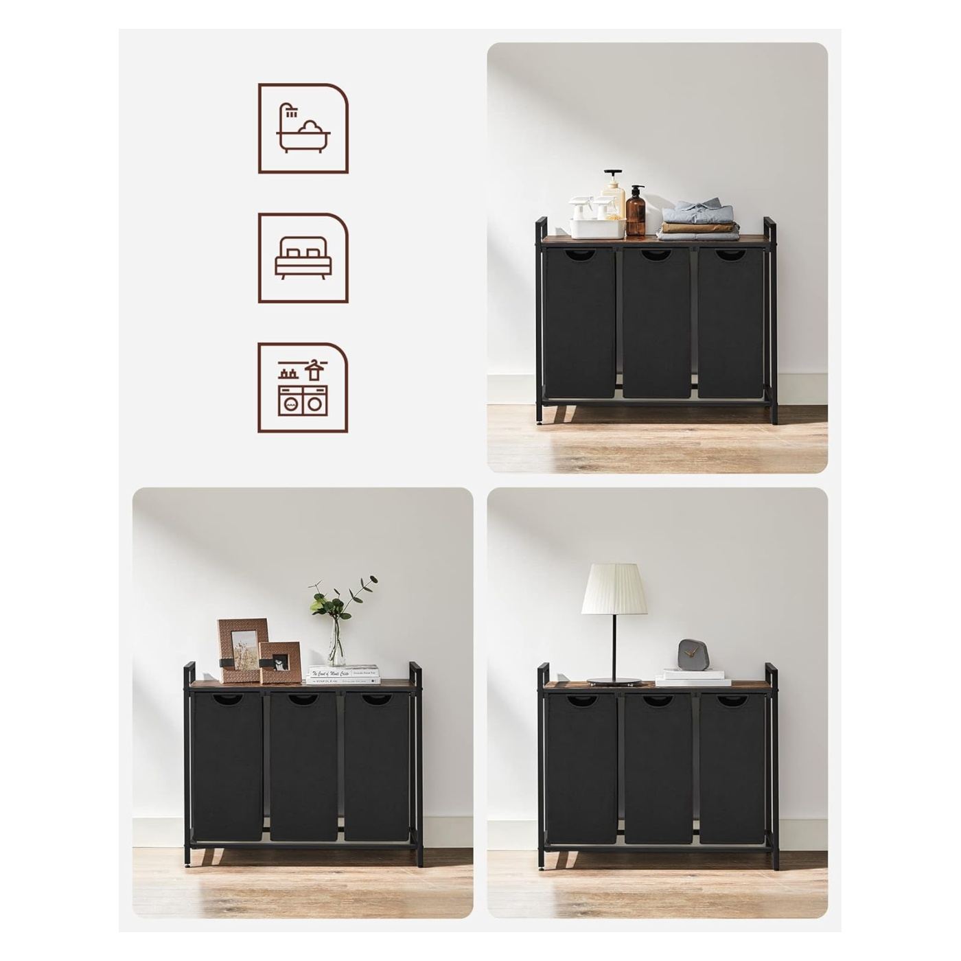 Кош за пране, 3 отделения, Подвижни торби за пране, Рафт, Метална рамка, 3x38L, 93x33x72 см, Рустик кафяво и черно - 7