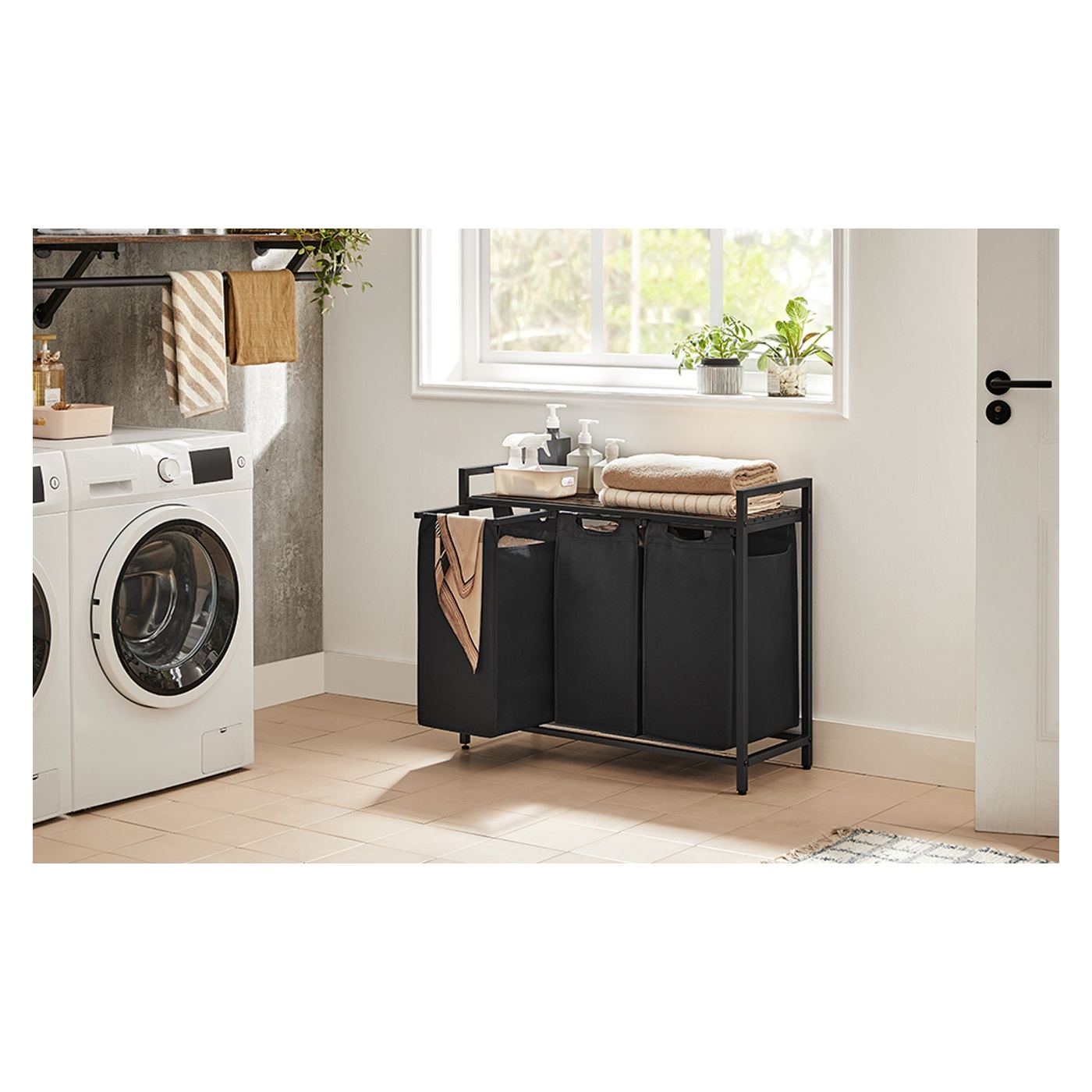 Кош за пране, 3 отделения, Подвижни торби за пране, Рафт, Метална рамка, 3x38L, 93x33x72 см, Рустик кафяво и черно - 9