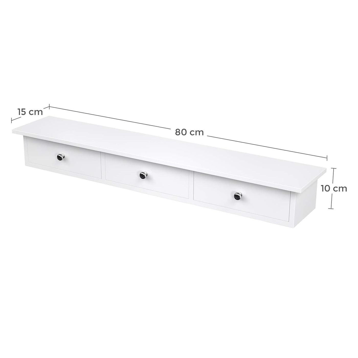 Пластмасов рафт за стена с 3 чекмеджета, гланц MDF, бърз монтаж, 80x15x10 см, елегантен дизайн, бял - 3