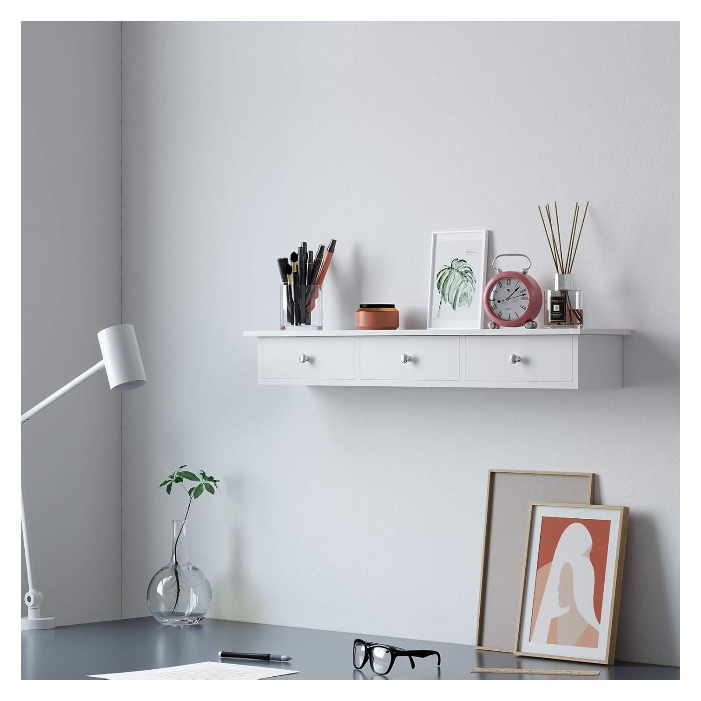 Пластмасов рафт за стена с 3 чекмеджета, гланц MDF, бърз монтаж, 80x15x10 см, елегантен дизайн, бял - 4