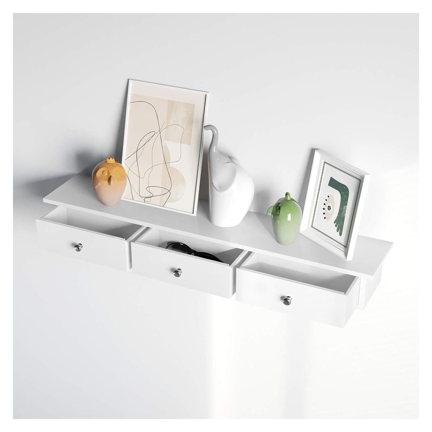 Пластмасов рафт за стена с 3 чекмеджета, гланц MDF, бърз монтаж, 80x15x10 см, елегантен дизайн, бял - 5