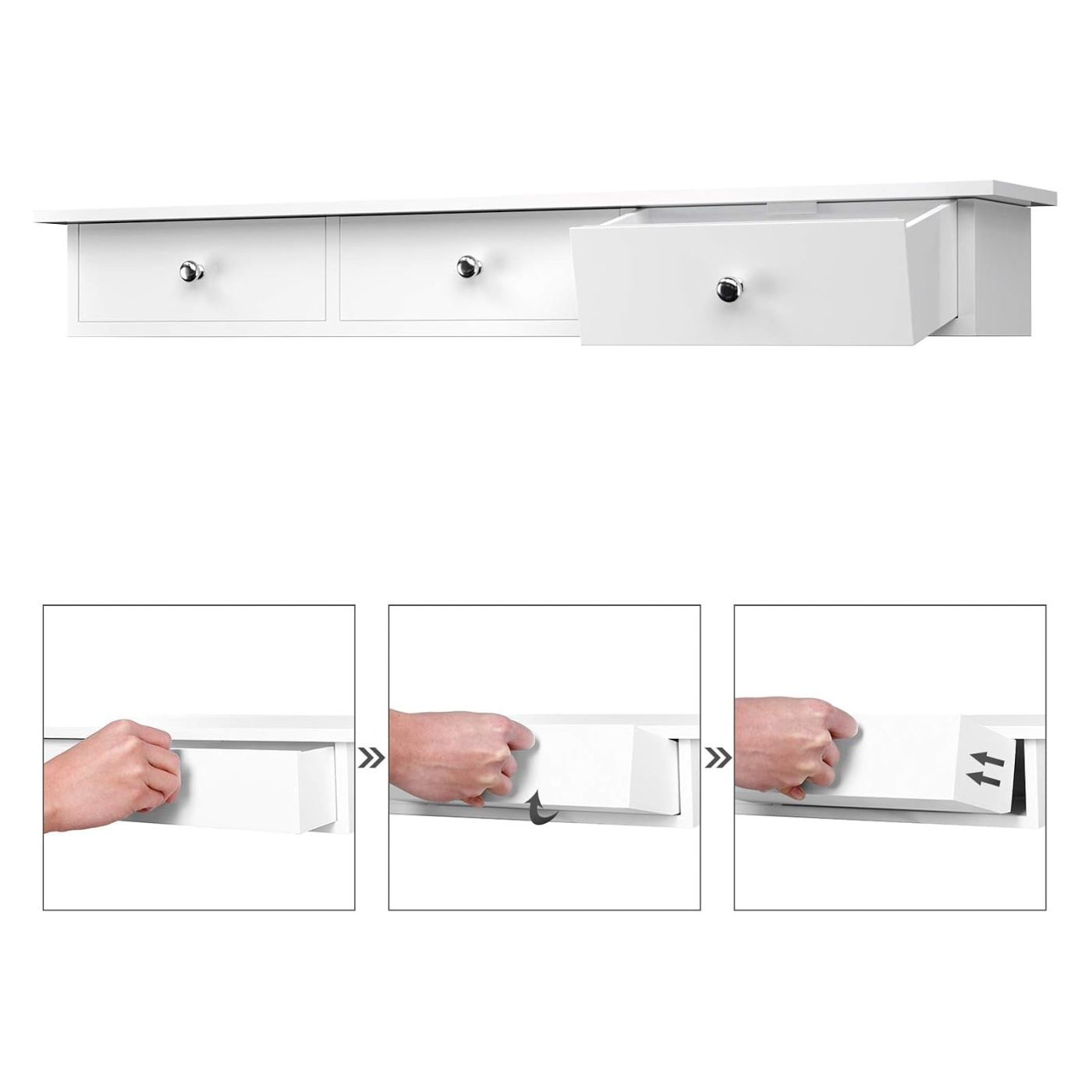 Пластмасов рафт за стена с 3 чекмеджета, гланц MDF, бърз монтаж, 80x15x10 см, елегантен дизайн, бял - 6