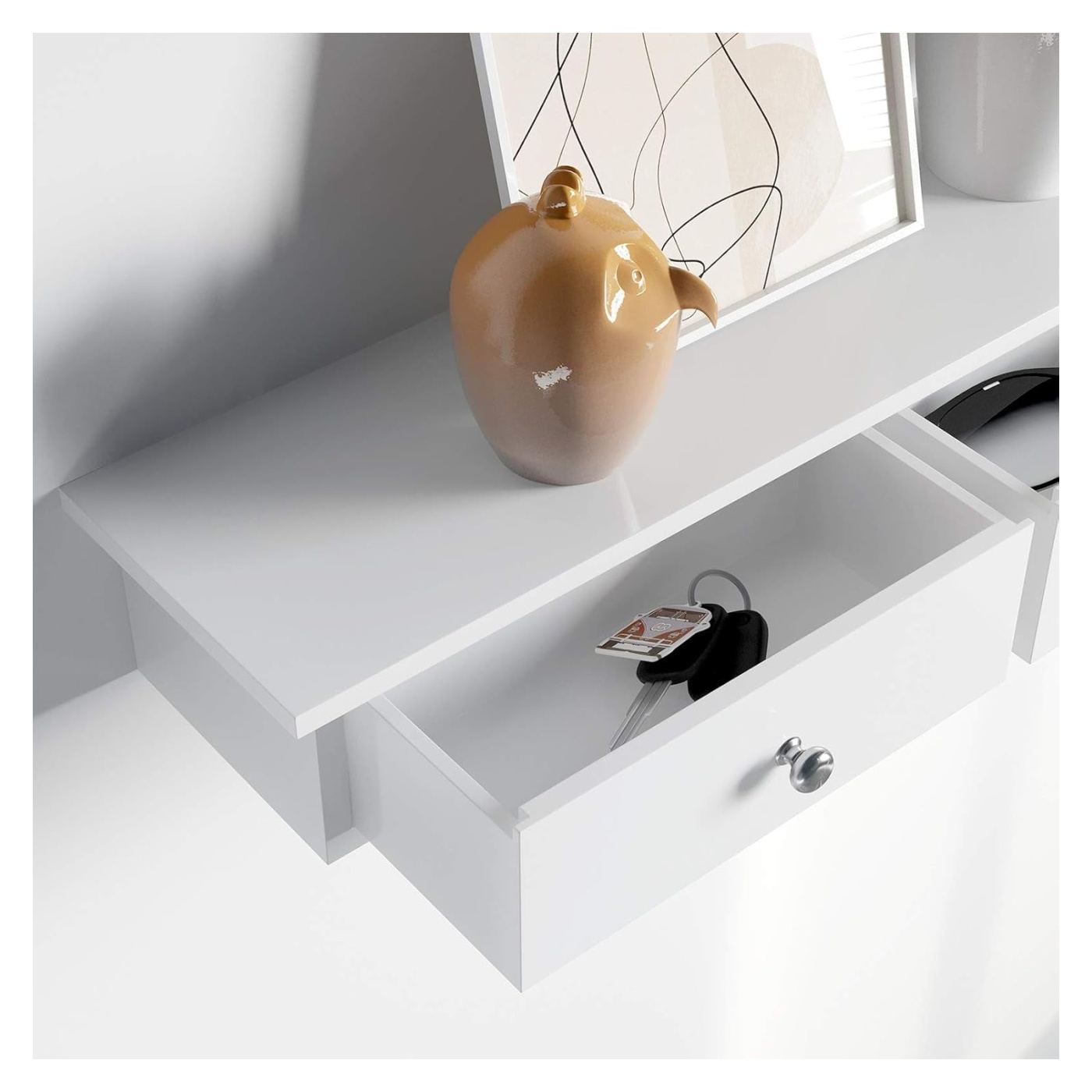 Пластмасов рафт за стена с 3 чекмеджета, гланц MDF, бърз монтаж, 80x15x10 см, елегантен дизайн, бял - 8