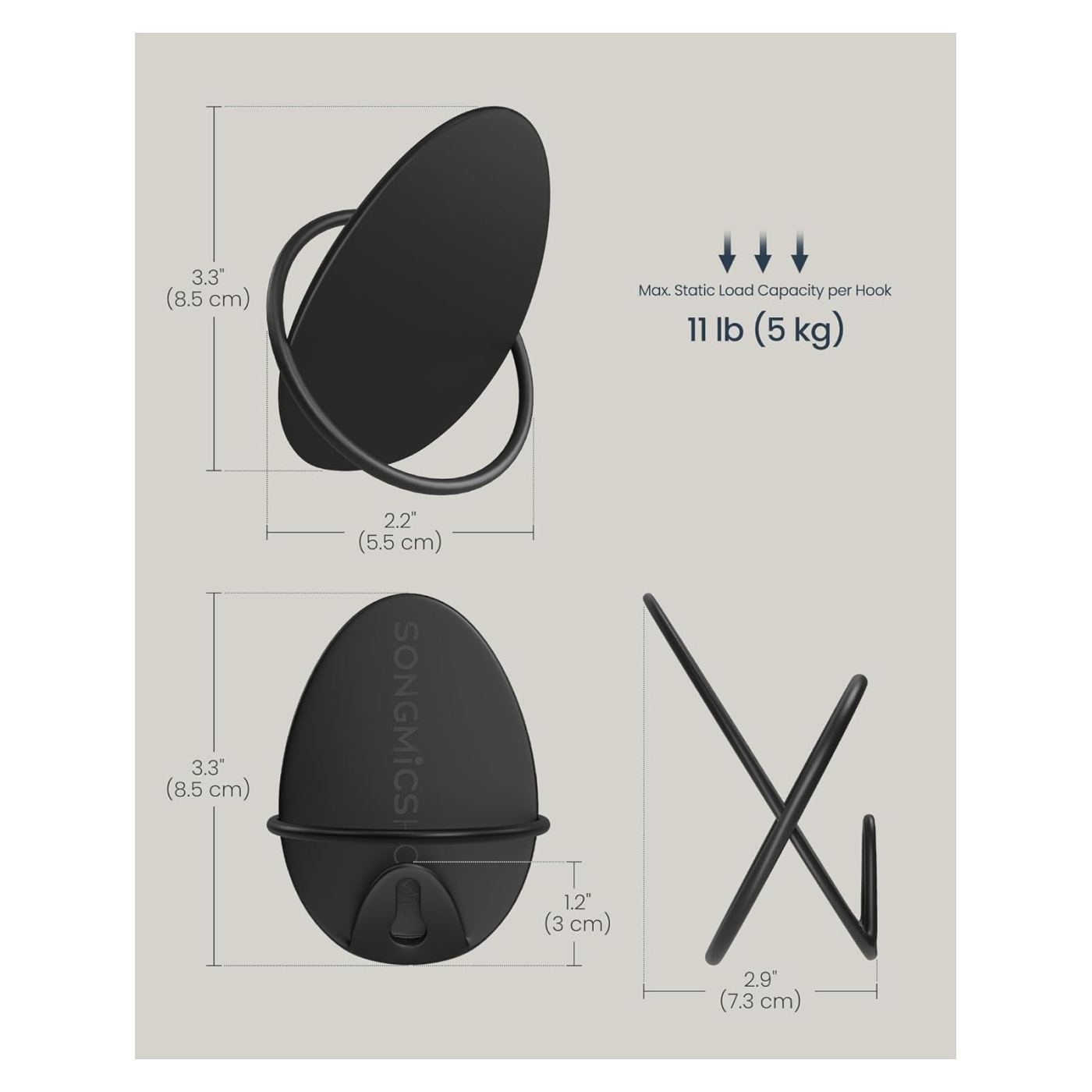 SONGMICS Комплект от 4 стенни куки, Овален дизайн от стомана, 5 кг на кука, 9x5x7 см, Черен - 3
