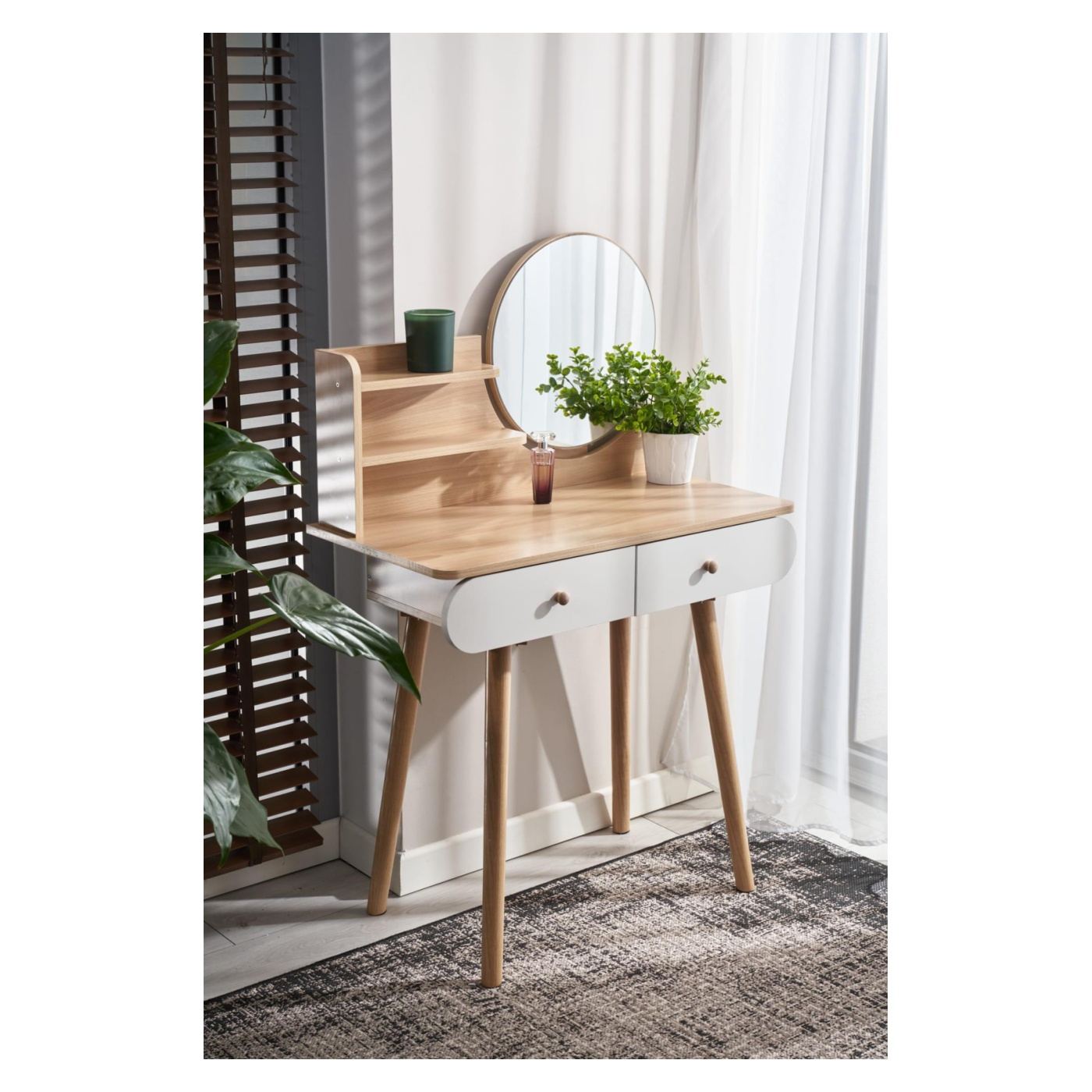 Тоалетка Ravenna с 2 чекмеджета и кръгло огледало, ПДЧ, 80x40x122 см, модерен дизайн, бук бял - 9