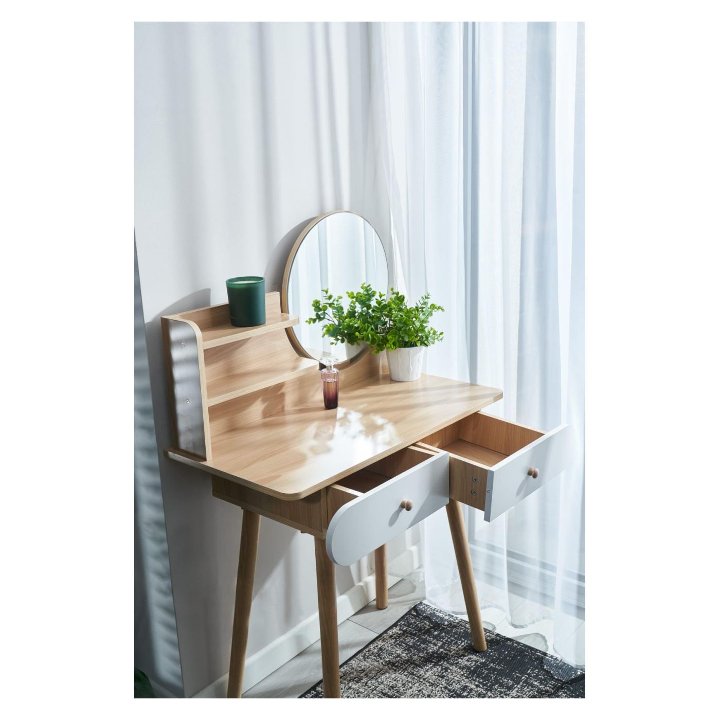 Тоалетка Ravenna с 2 чекмеджета и кръгло огледало, ПДЧ, 80x40x122 см, модерен дизайн, бук бял - 10