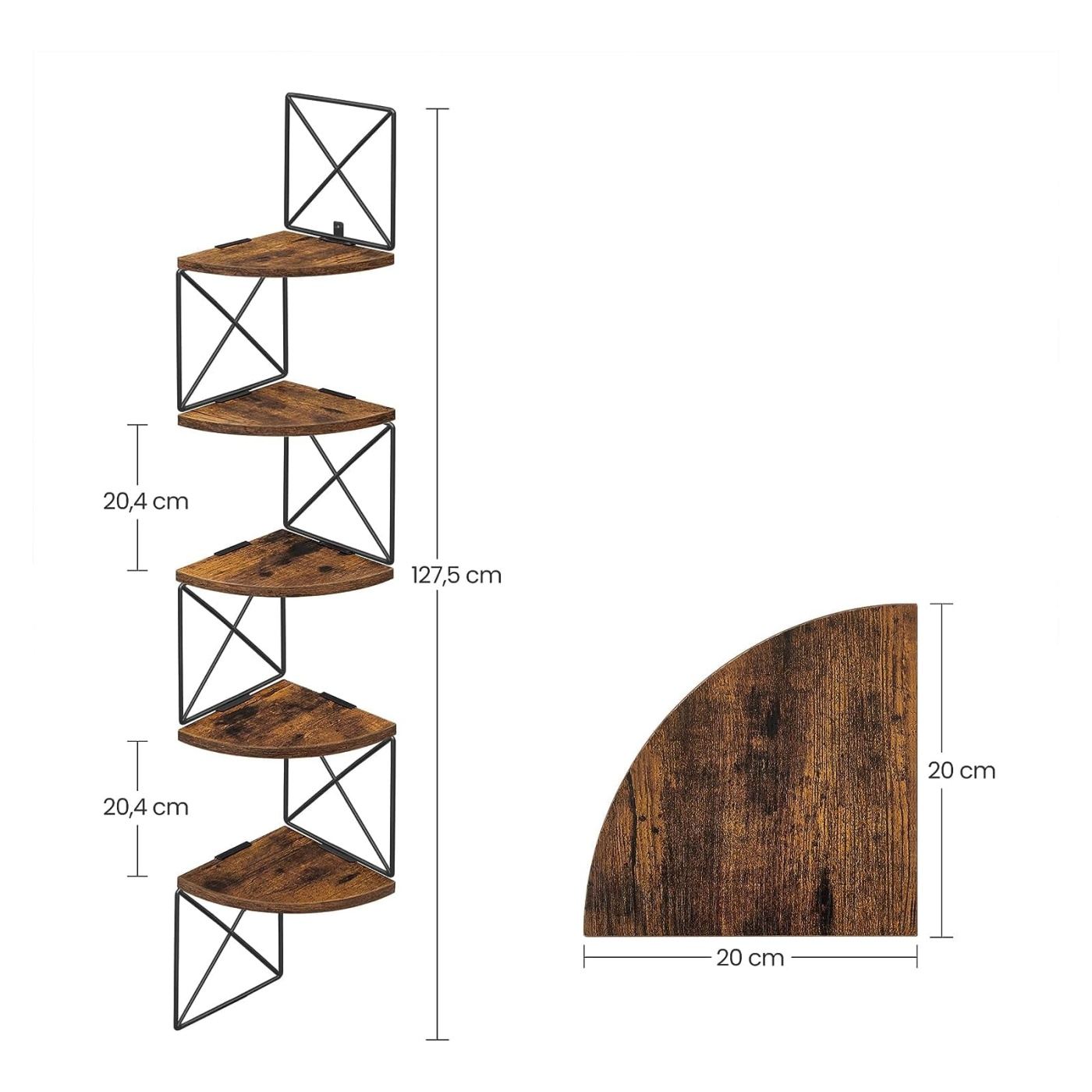 Ъглов стенен рафт, стоманена рамка с 5 MDF рафта, 20x20x128см, рустик кафяво и черно - 3