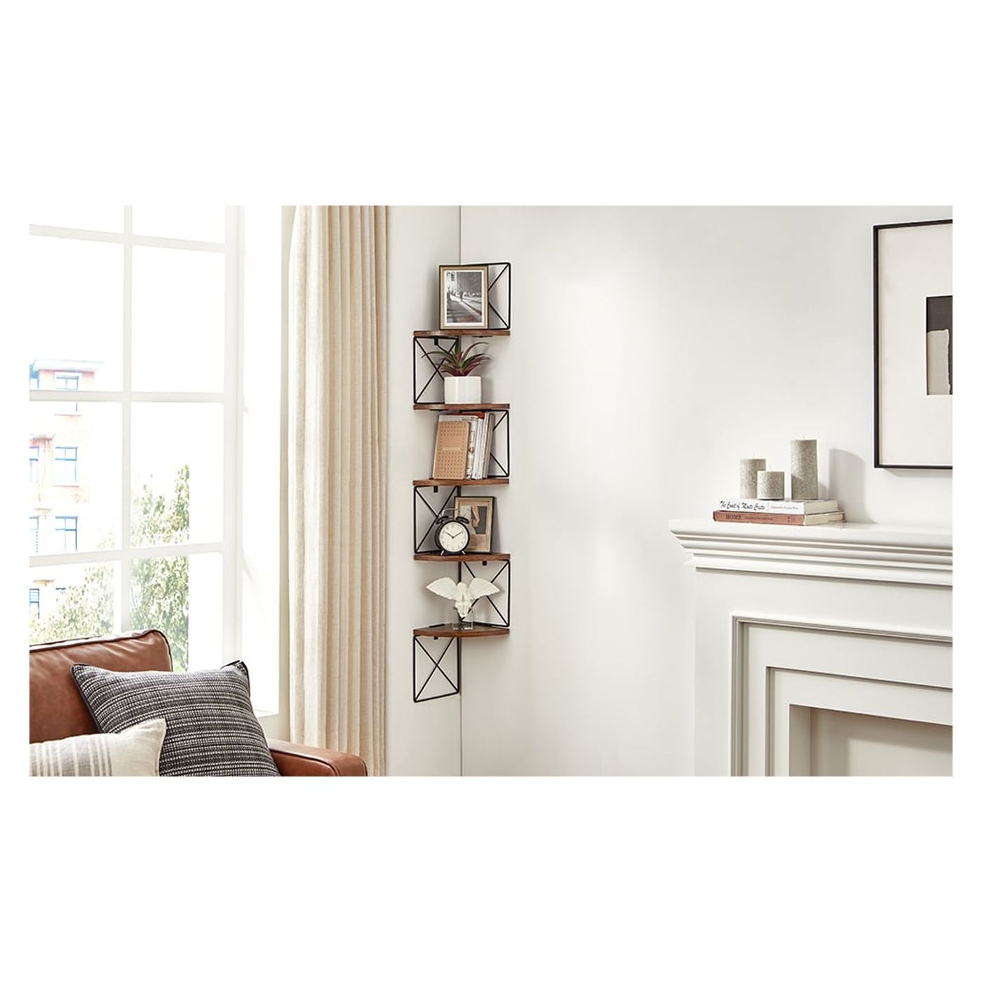 Ъглов стенен рафт, стоманена рамка с 5 MDF рафта, 20x20x128см, рустик кафяво и черно - 9