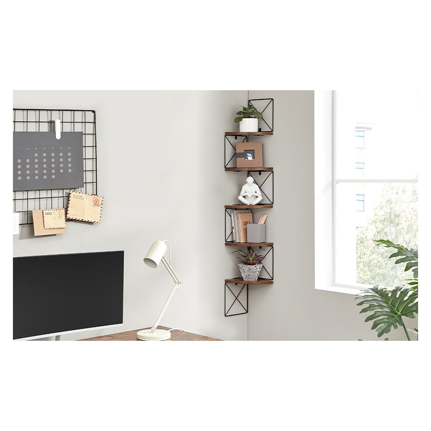 Ъглов стенен рафт, стоманена рамка с 5 MDF рафта, 20x20x128см, рустик кафяво и черно - 10