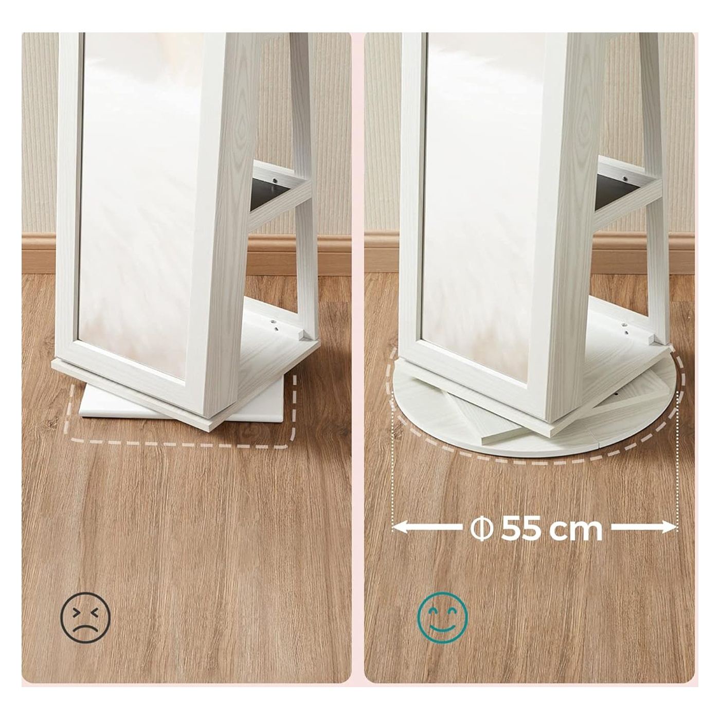 Огледало за под с въртяща се стойка 360° за съхранение на бижута MDF, 55x55x161 см, елегантен дизайн, бяло - 4