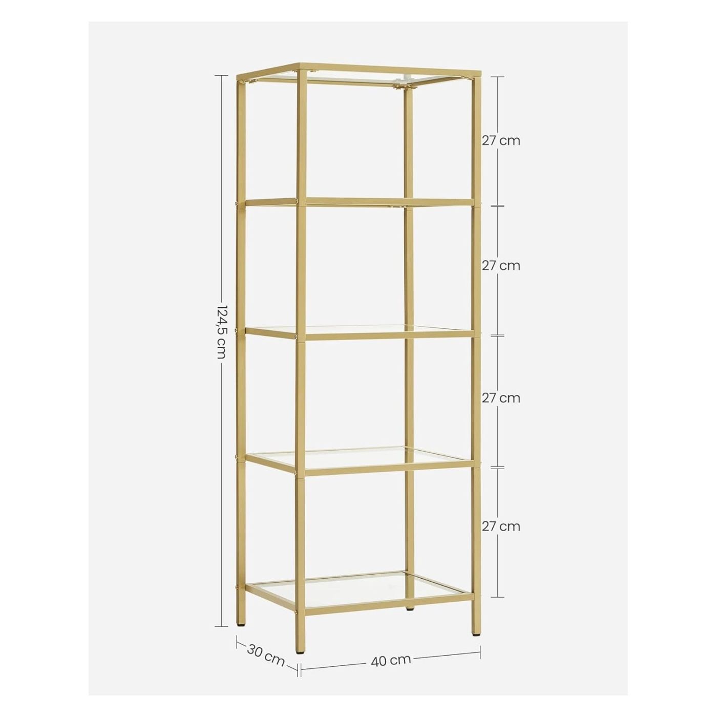 Стелаж тип стълба за спалня, 5 нива, закалено стъкло, стоманена рамка, 30x124x40см, златист - 3
