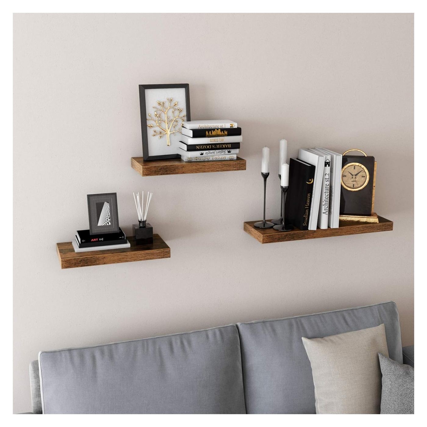 Пластмасов рафт за стена, MDF, включена система за монтаж, 80x20x4см, Винтидж кафяв - 2