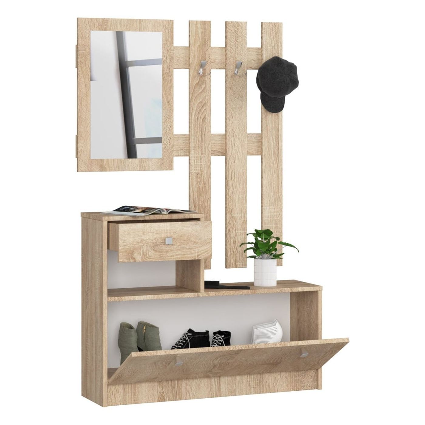 Мебел за антре Гардероб с огледало и закачалка, 90x25x170 см, Пълна организация, Дъб Сонома - 2