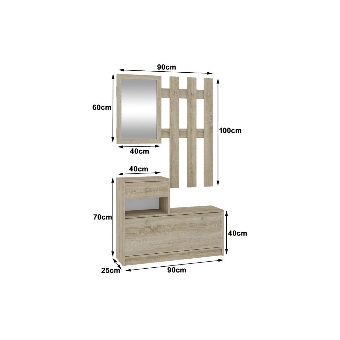 Мебел за антре Гардероб с огледало и закачалка, 90x25x170 см, Пълна организация, Дъб Сонома - 5