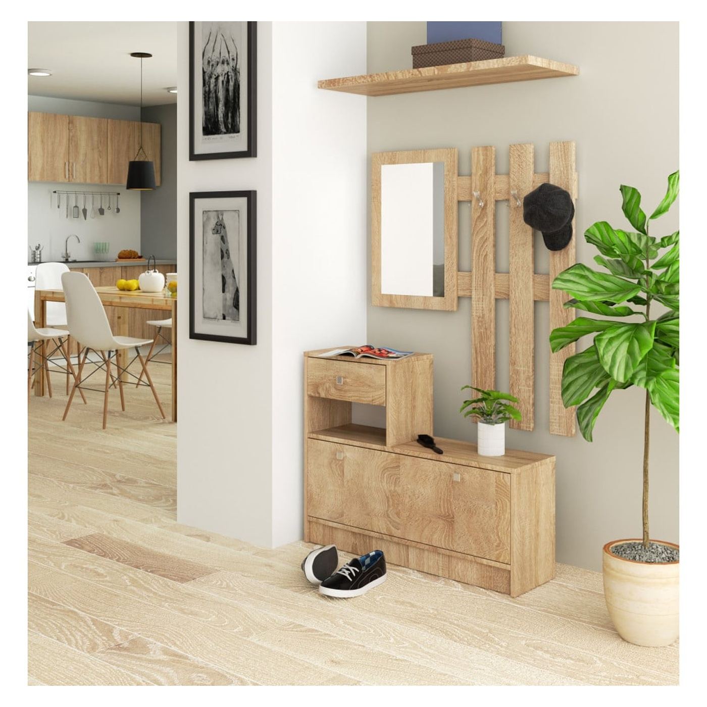 Мебел за антре Гардероб с огледало и закачалка, 90x25x170 см, Пълна организация, Дъб Сонома - 6