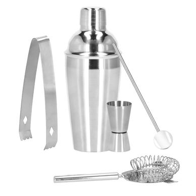 Set cocktail shaker kit barman 550 ml otel inoxidabil, 5 piese, design elegant, argintiu