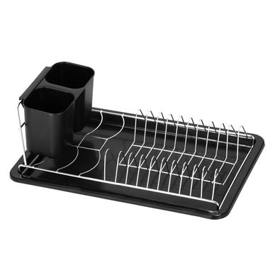 Uscator vase suport tacamuri otel cromat tava scurgere, 40x19x13 cm, compact, negru
