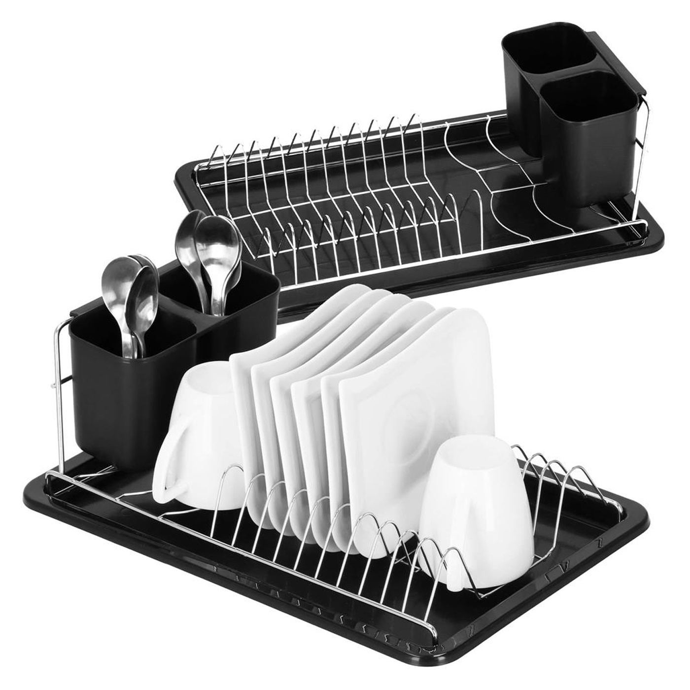 Uscator vase suport tacamuri otel cromat tava scurgere, 40x19x13 cm, compact, negru - 3