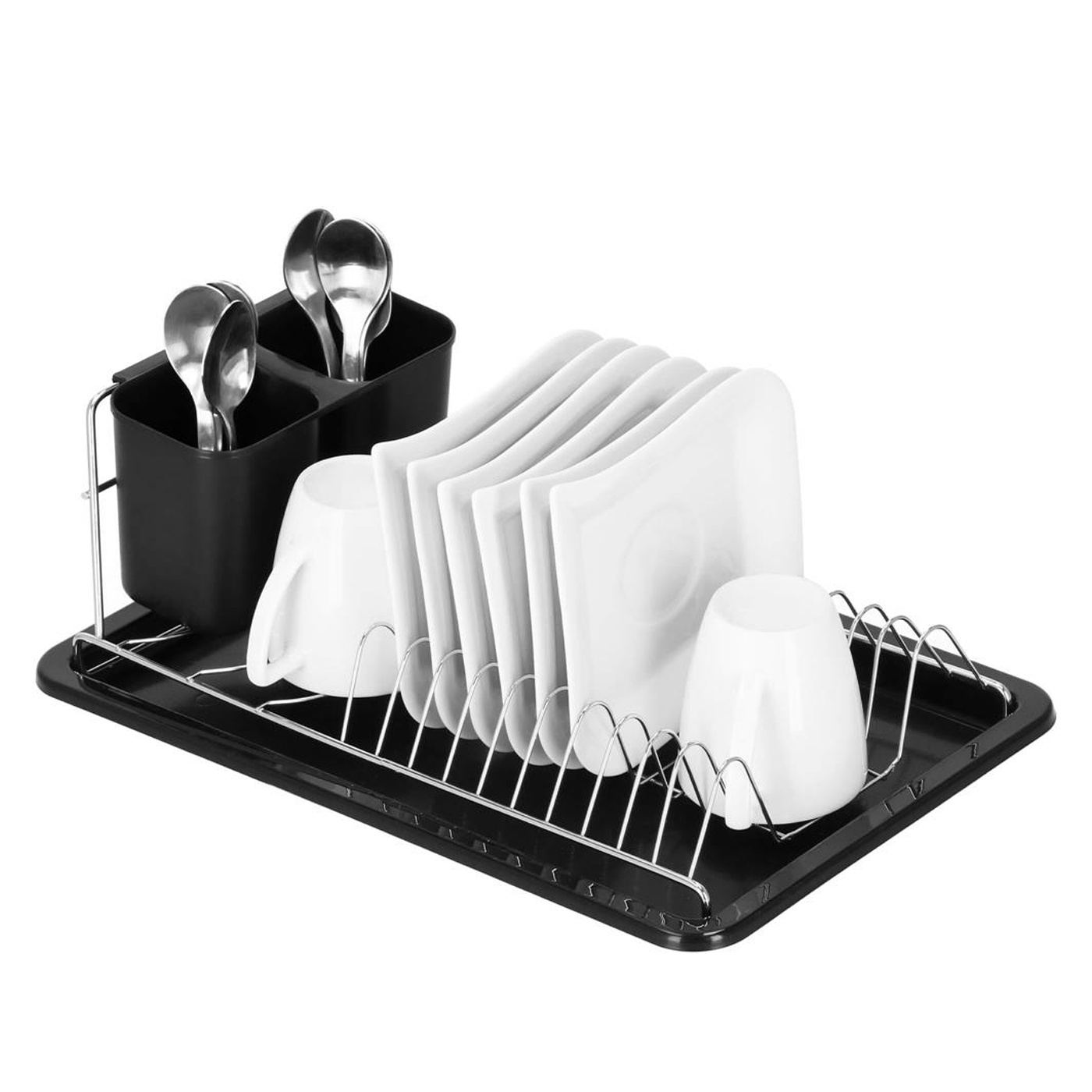 Uscator vase suport tacamuri otel cromat tava scurgere, 40x19x13 cm, compact, negru - 4