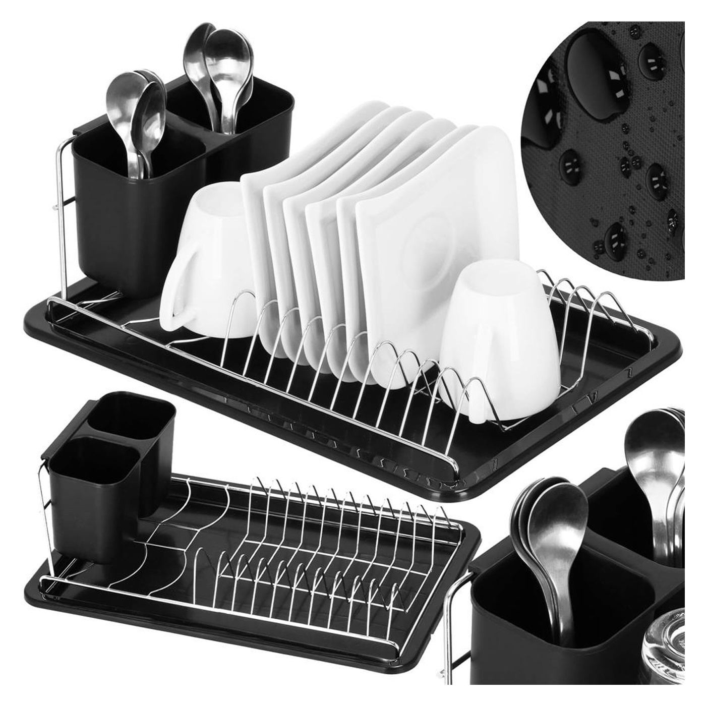 Uscator vase suport tacamuri otel cromat tava scurgere, 40x19x13 cm, compact, negru - 5